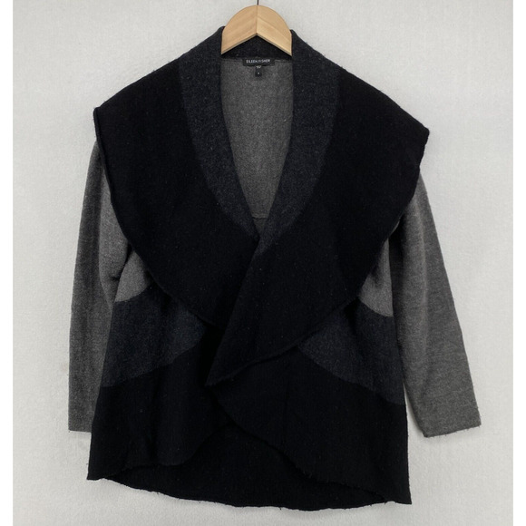 EILEEN FISHER Cardigan S Merino Wool Colorblock Shawl Pin Closure Gray Black - Picture 2 of 12